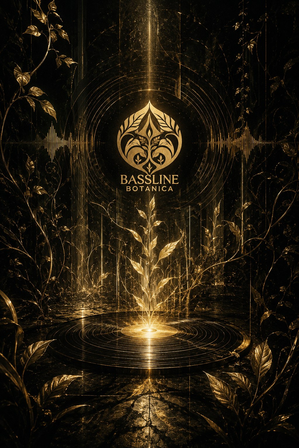 Golden botanical emblem above a glowing plant growing out of a vinyl record